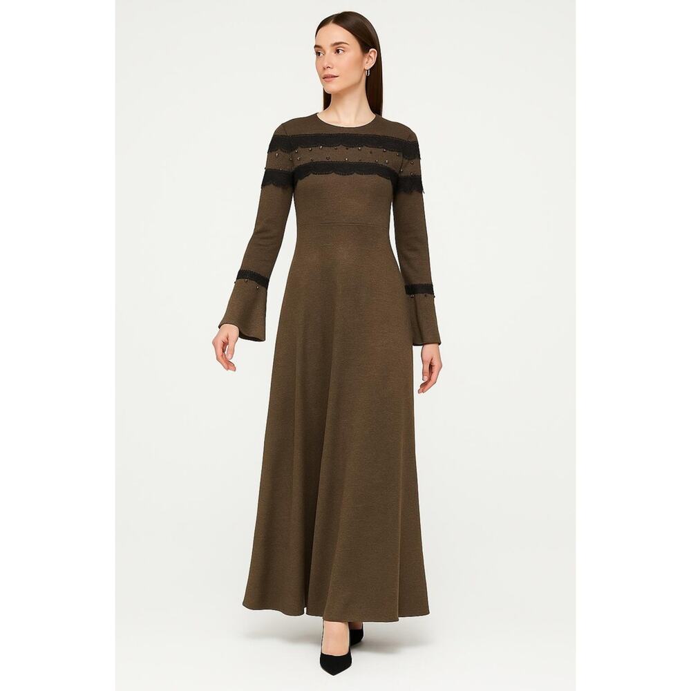 Lavinya LVNKolu Volanlı Robası Dantelli Brown‎ Long Sleeve Bell  Midi Dress 40